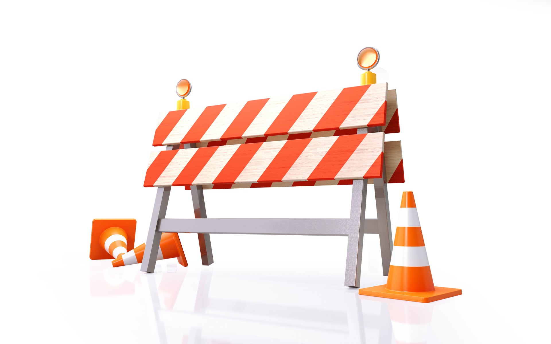 Traffic Cones and Construction Barrier On White Background